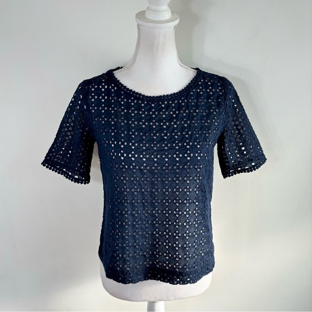 LOFT Navy Geometric Eyelet Blouse Top Cotton Size XS Petite